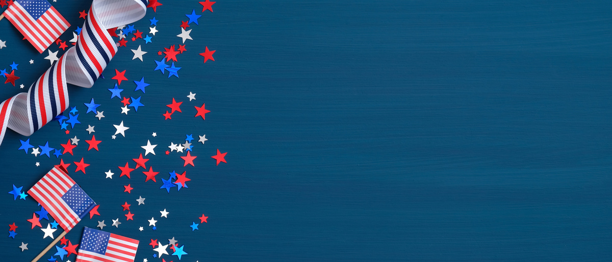 Happy Presidents Day banner with grosgrain ribbon, American flags and confetti stars on blue background. USA Independence Day, American Labor day, Memorial Day, US election concept.