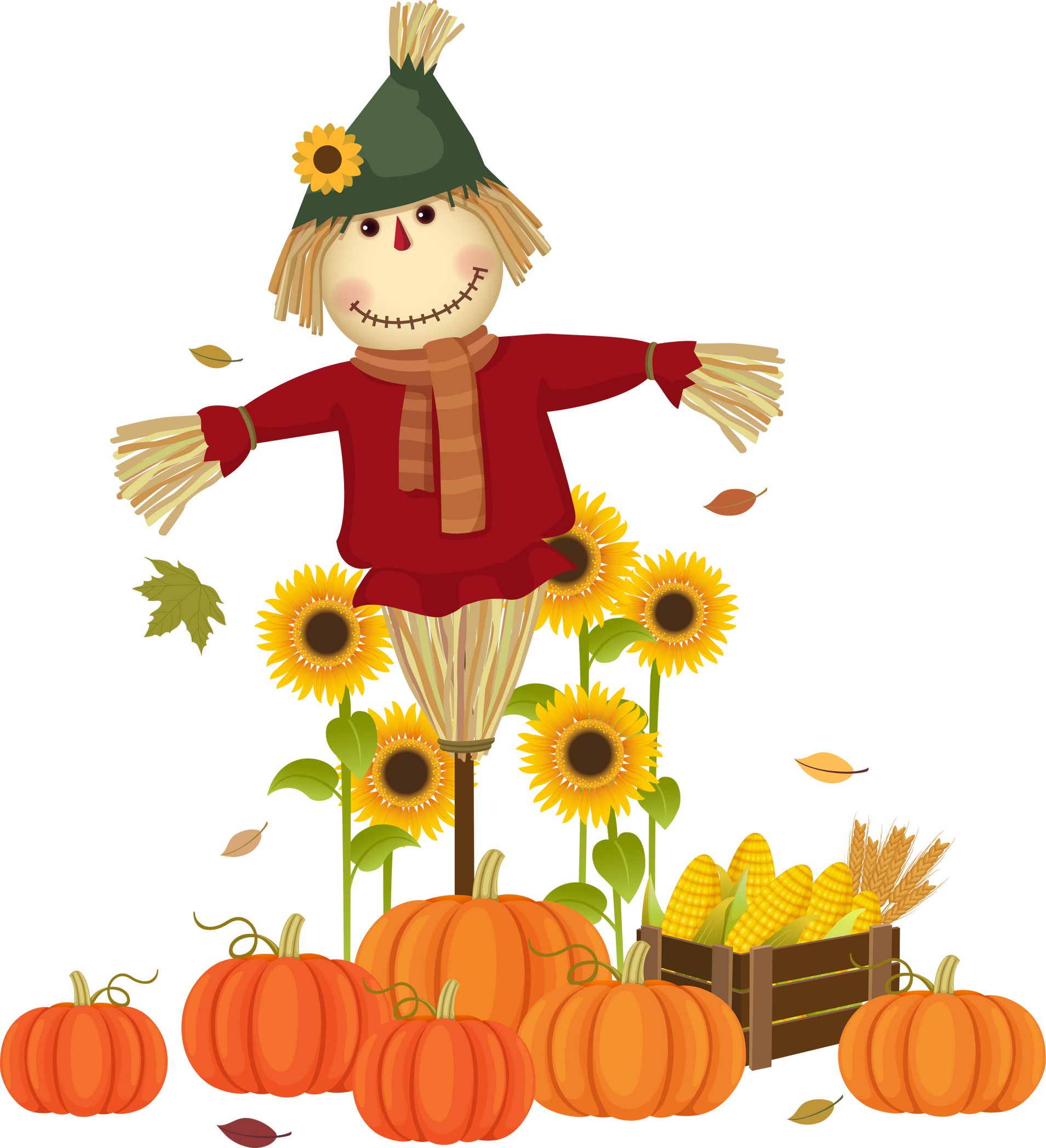 Autumn harvesting with cute scarecrow and pumpkins