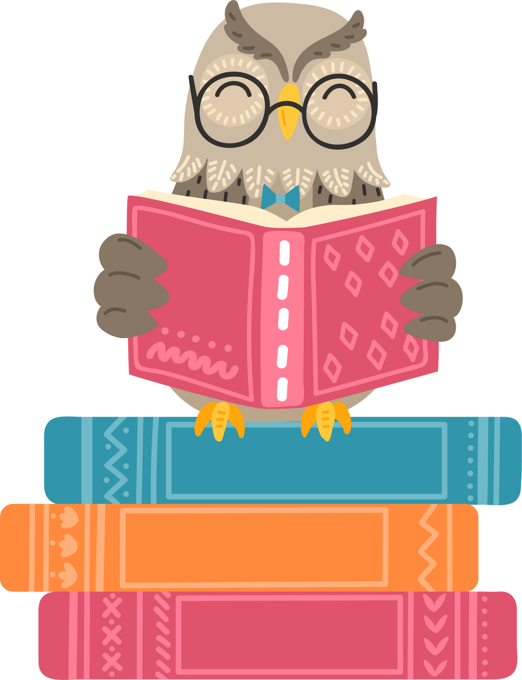 Owl reads book sitting on stack of books. Children illustration, literature, storytime, education concept.